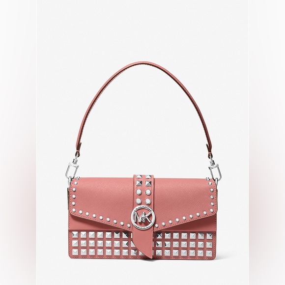 Greenwich Medium Studded Saffiano Leather Shoulder Bag in Rose - Picture 1 of 6